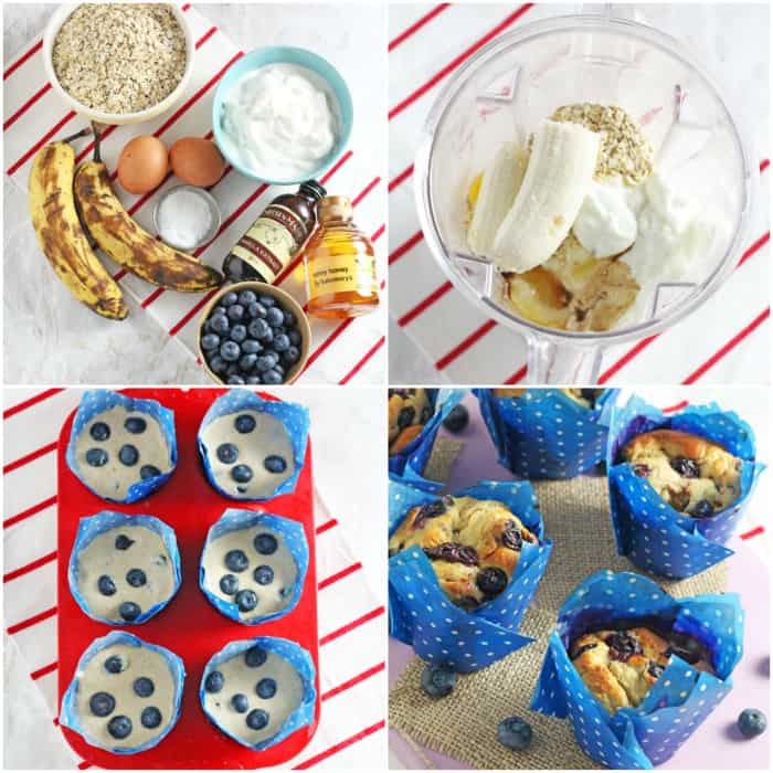 a collage of four pictures showing the stages of making the blender muffins