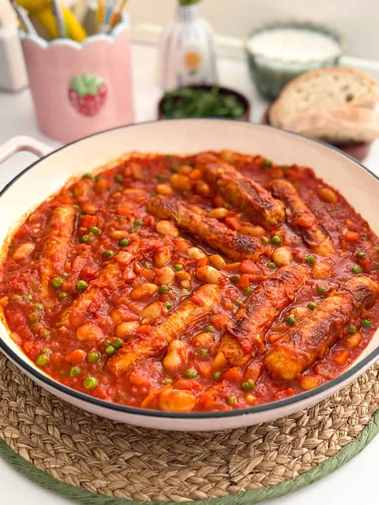 One Pot Sausage Casserole in a casserole dish.