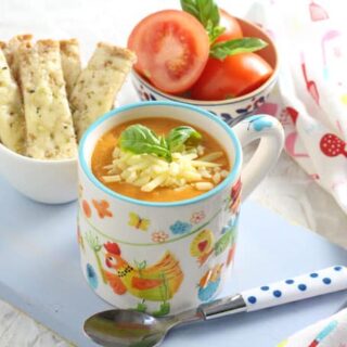 A delicious and comforting Roasted Tomato Soup, super easy to make and served with Cheddar Cheese Soldiers | My Fussy Eater blog