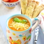 A delicious and comforting Roasted Tomato Soup, super easy to make and served with Cheddar Cheese Soldiers | My Fussy Eater blog