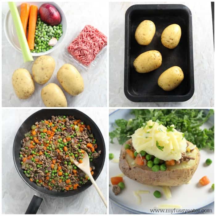 a collage of four photos showing the various stages of making the jacket potato boats