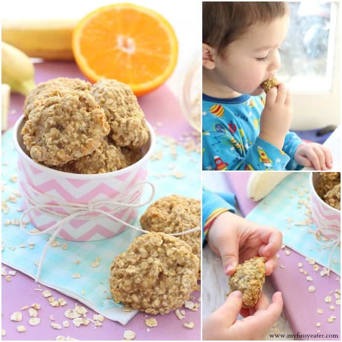 toddler eating banana & orange oat toddler bites