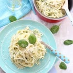 A super simple but delicious dinner recipe for kids. Creamy Basil Pesto Spaghetti. Nut free and ready in just 10 minutes! My Fussy Eater blog