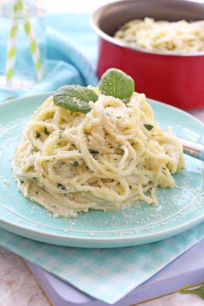 Creamy Basil Pesto Spaghetti. 