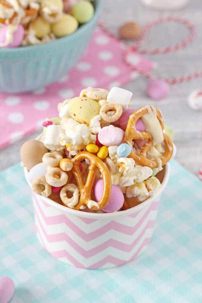 The kids will love to get involved in making these fun and delicious Easter Bunny Trail Mix. It can also be packaged up into paper cups or bags and makes a great Easter gift! My Fussy Eater blog