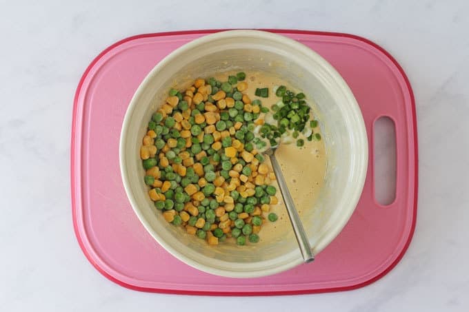 Peas and sweetcorn in a flour mixture