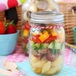A super simple Italian Sausage Pasta Salad recipe that can be easily stored in a mason jar and taken to picnics or to work and school for lunch!