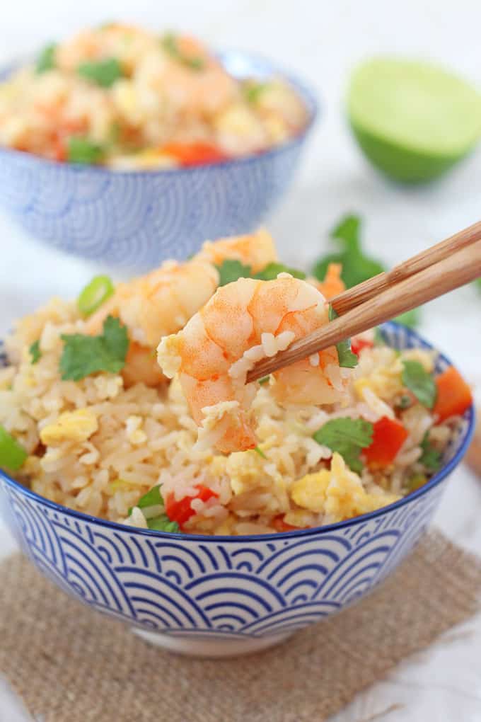 Prawn Thai Fried Rice in a blue and white chinese style bowl