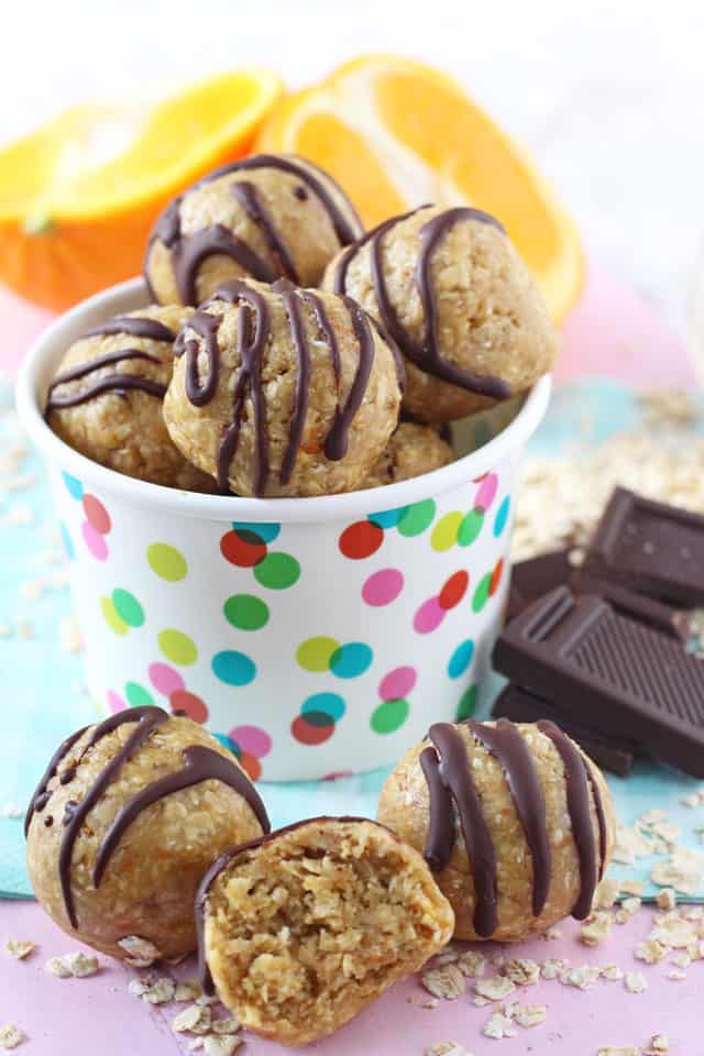 Chocolate Orange Energy Bites served in a multicoloured paper tub.