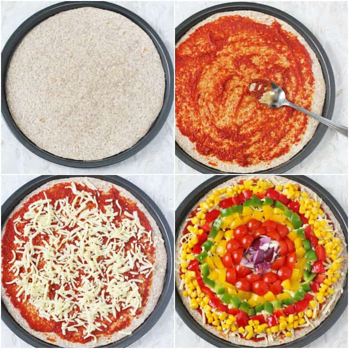 Step by step collage showing how to make the pizzas