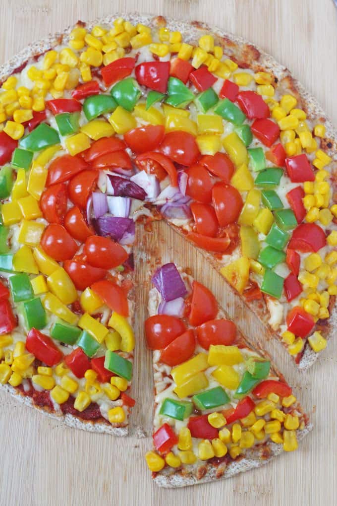 Rainbow Veggie Pizza sliced