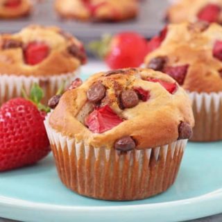 These Healthy Strawberry & Chocolate Chip Muffins are packed full of oats, banana, greek yogurt and honey and take just a couple of minutes to whip up in a blender or food processor.