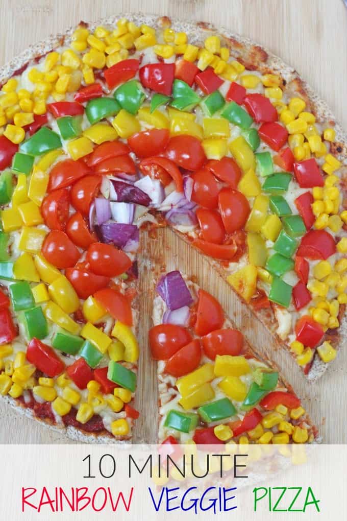 Rainbow veggie tortilla pizza