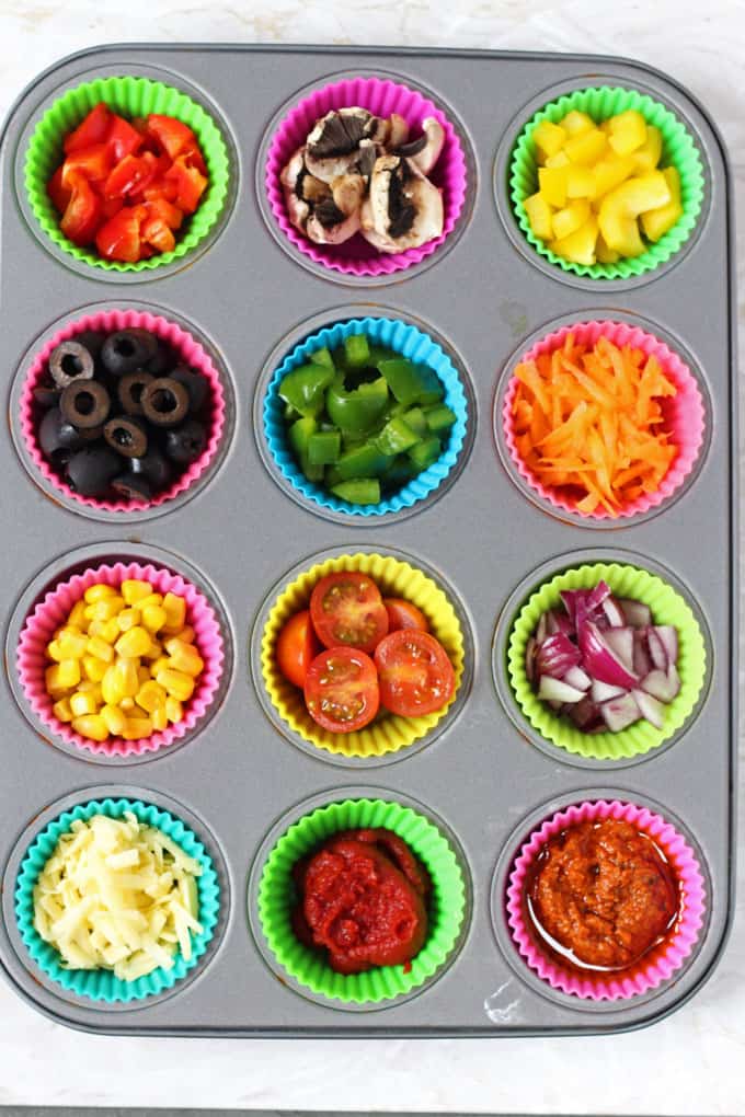 veggie toppings in silicone muffin cases