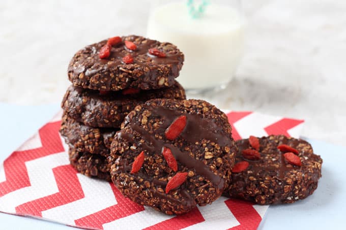 6 healthy chocolate breakfast cookies on a red and white zigzag napkin