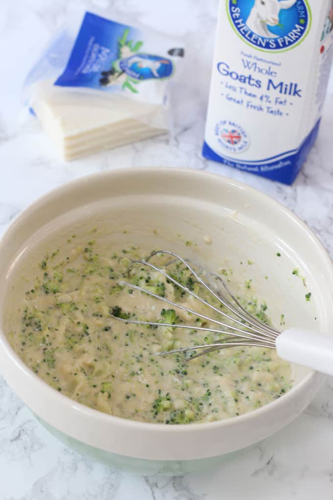 Broccoli & Goats Cheese Muffin mixture in a bowl