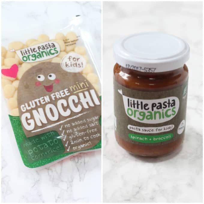  a packet of gluten free mini gnocchi and a jar of pasta sauce for kids