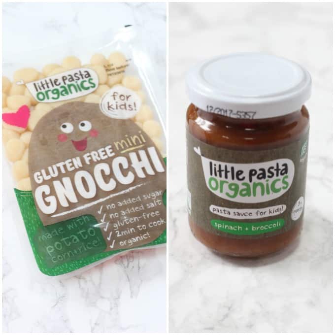 a packet of gluten free mini gnocchi and a jar of pasta sauce for kids