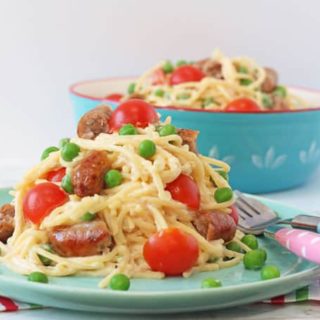 A quick and easy sausage pasta recipe for kids using new Debbie & Andrews Perfect Little Kids Chipolatas