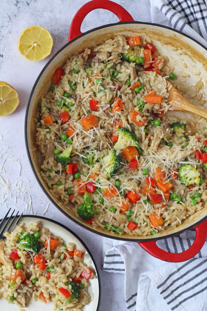Use leftover chicken and vegetables from your Sunday roast to create this delicious risotto recipe