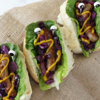 Have some fun with sausages and make these Monster Hot Dogs with red cabbage slaw. Perfect for Halloween or Bonfire Night!