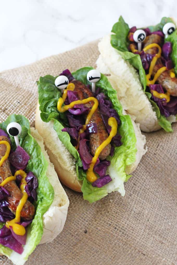 Monster Hot Dogs with red cabbage slaw