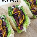 Have some fun with sausages and make these Monster Hot Dogs with red cabbage slaw. Perfect for Halloween or Bonfire Night!