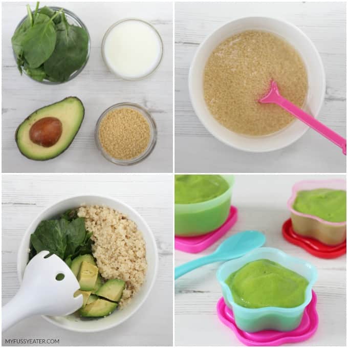 A delicious and nutritious baby food puree recipe made with spinach, avocado and cous cous