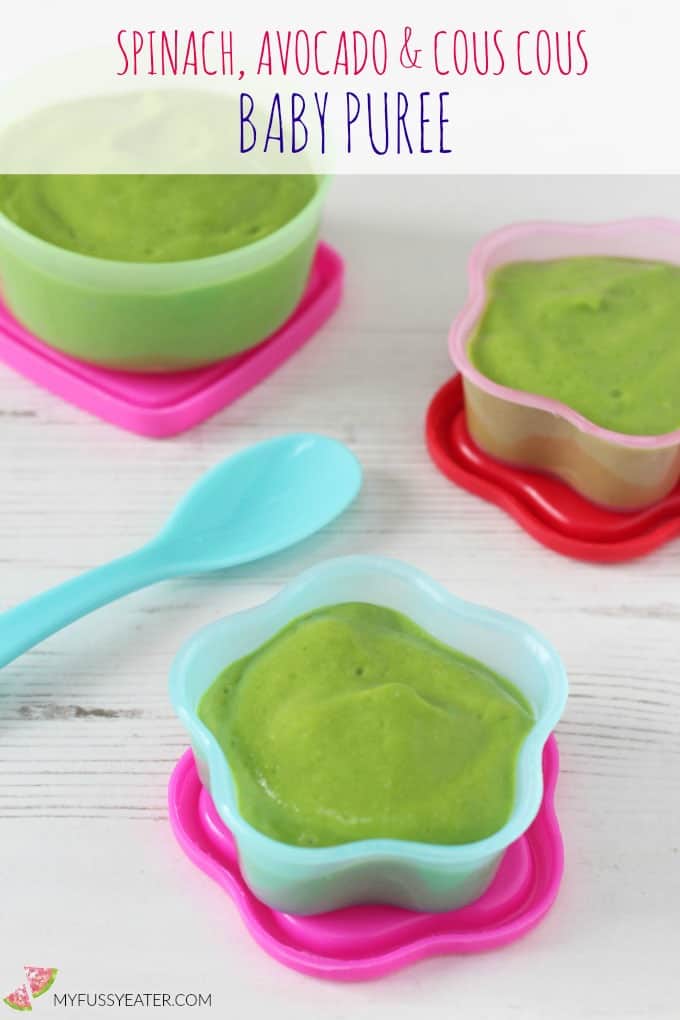 A delicious and nutritious baby food puree recipe made with spinach, avocado and cous cous