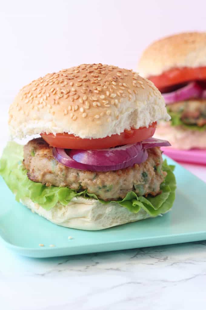 turkey burger in a bap with lettuce, tomato & onion