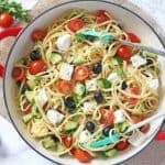 A simple but delicious Greek Salad Linguine recipe, quick and easy to make and can be eaten hot or cold!