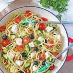 A simple but delicious Greek Salad Linguine recipe, quick and easy to make and can be eaten hot or cold!