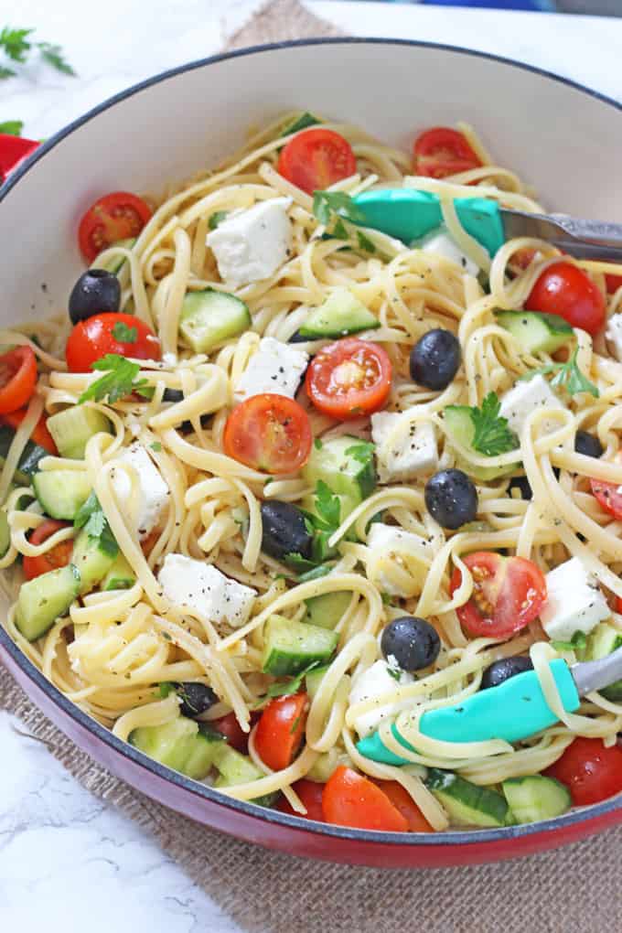 close up of the Greek Salad Linguine 