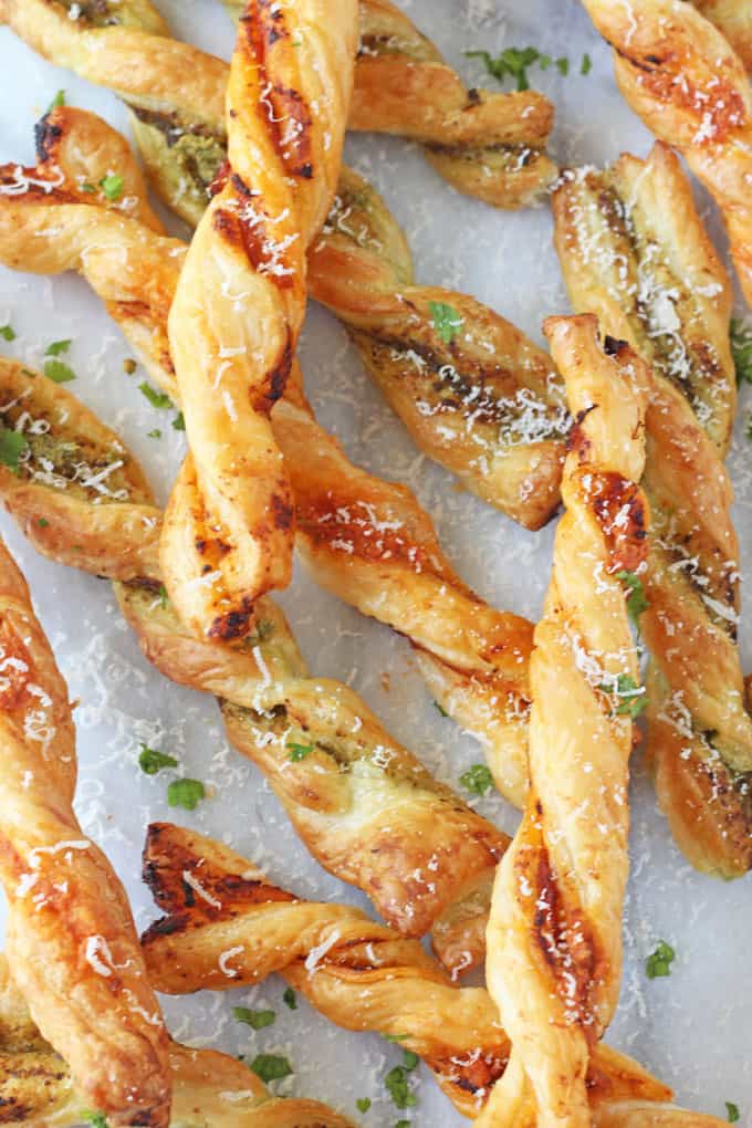 A close up shot of the Pesto Parmesan Pastry Straws