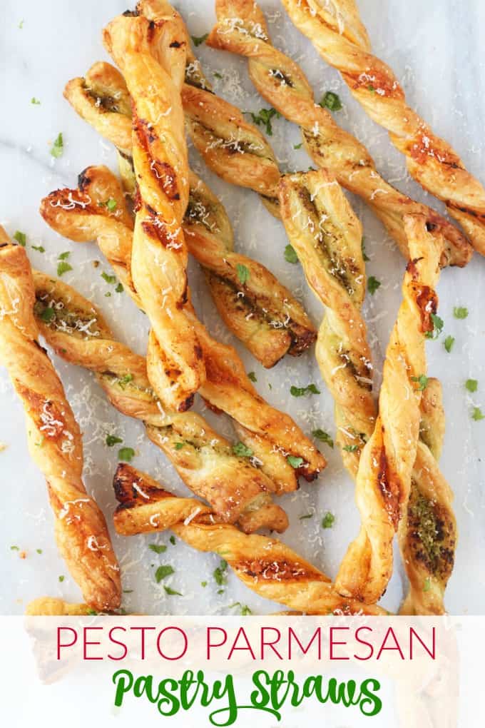 These Pesto Parmesan Pastry Straws make a super easy snack or party appetizer for the festive season!