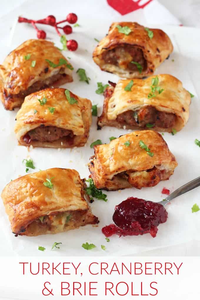 A delicious festive take on the classic sausage roll, made instead with turkey mince, cranberry sauce and brie. These mini pastry rolls will make a fantastic appetizer of party snack this Christmas!