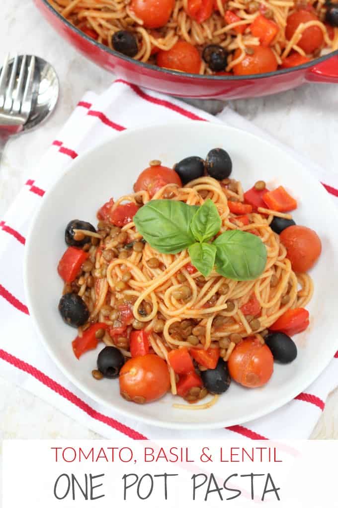 One Pot Tomato & Basil Lentil Spaghetti pinterest pin