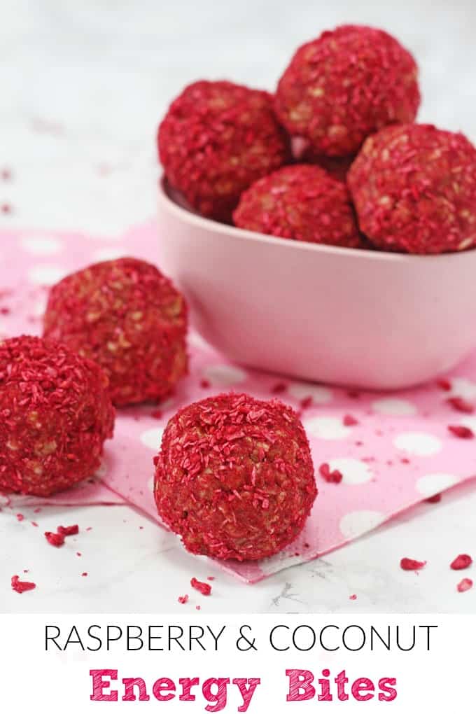 Summer Snacks For Kids - Raspberry and Coconut Energy Bites on a pink and white polka dot napkin