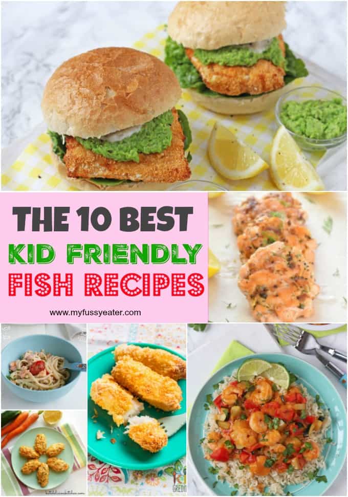  Collage showing images of the recipes in 10 of the best kid-friendly fish and seafood recipes.