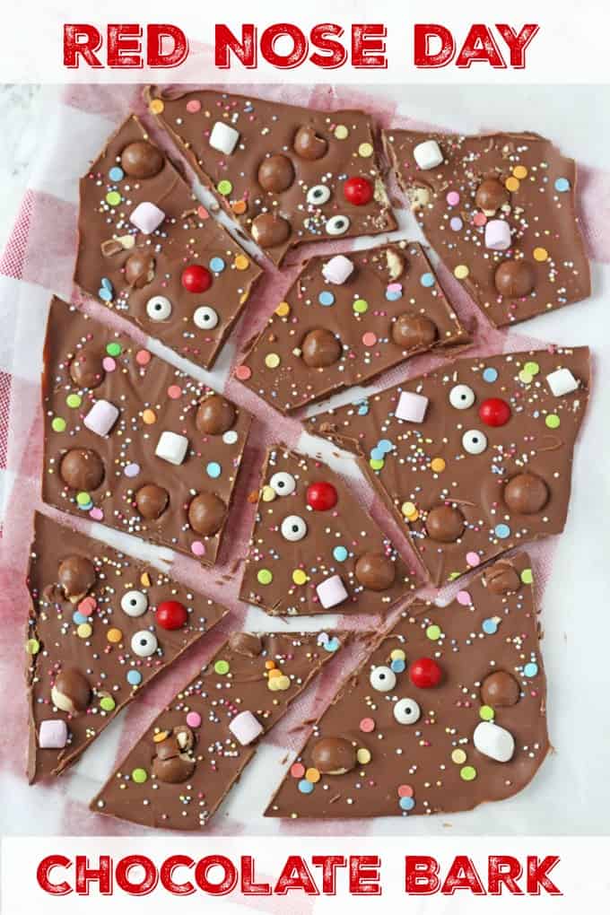 Get the kids involved in making some treats for Red Nose Day with this fun Chocolate Bark topped with malteasers, marshmallows and sweets!