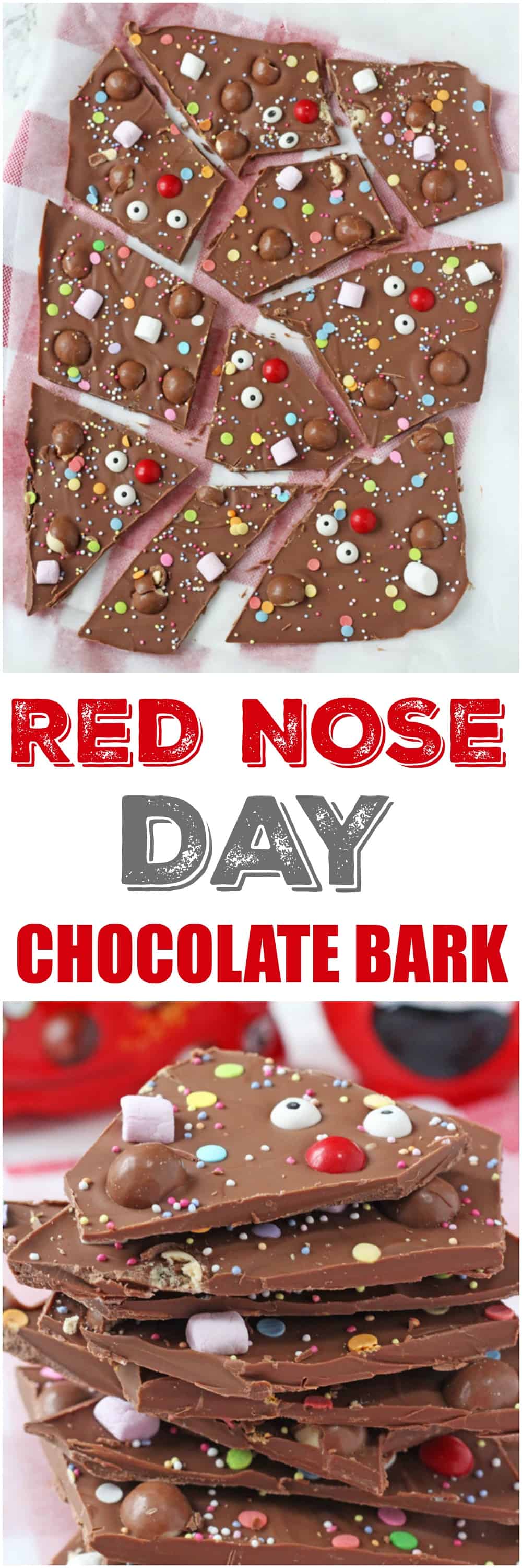 Get the kids involved in making some treats for Red Nose Day with this fun Chocolate Bark topped with malteasers, marshmallows and sweets!