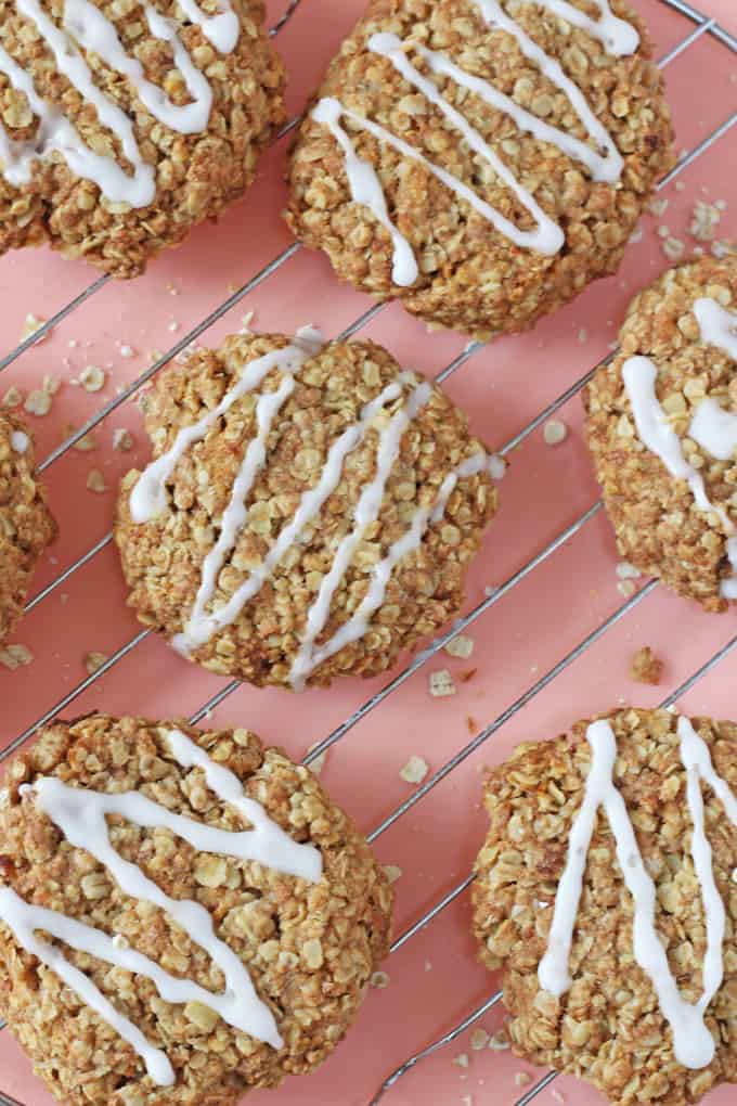 carrot cake cookies with icing sugar drizzle