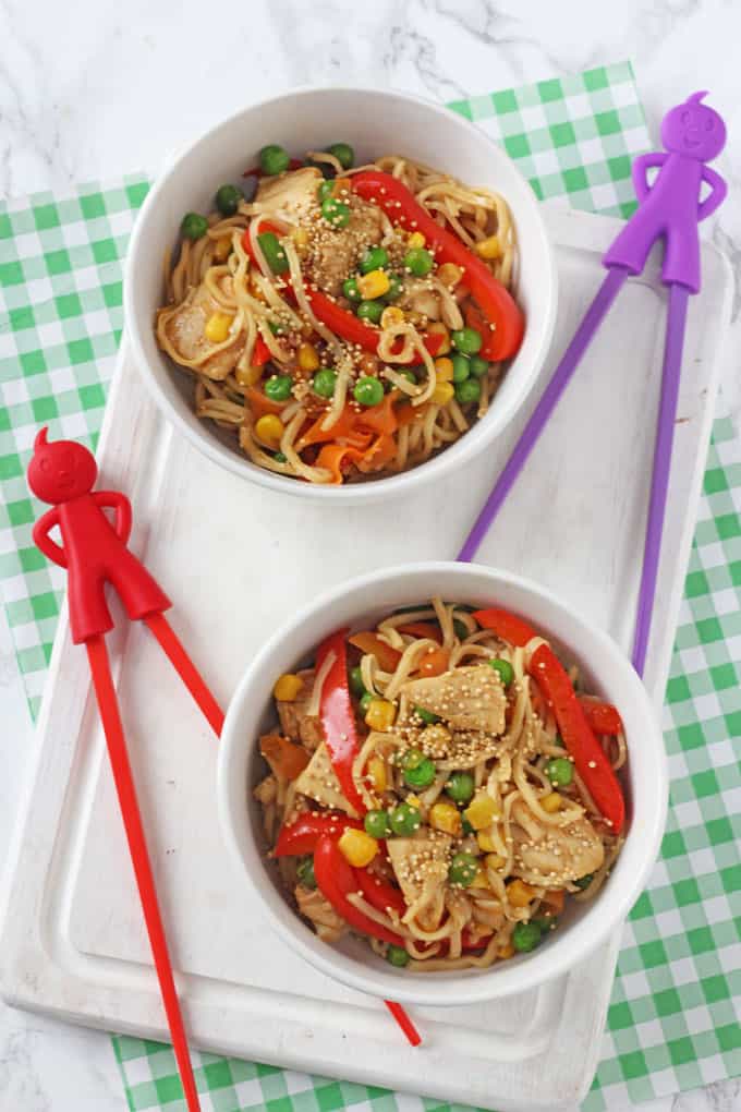 A delicious but super simple family meal of Sesame Honey Chicken & Vegetable Noodles. Ready in just 15 minutes!