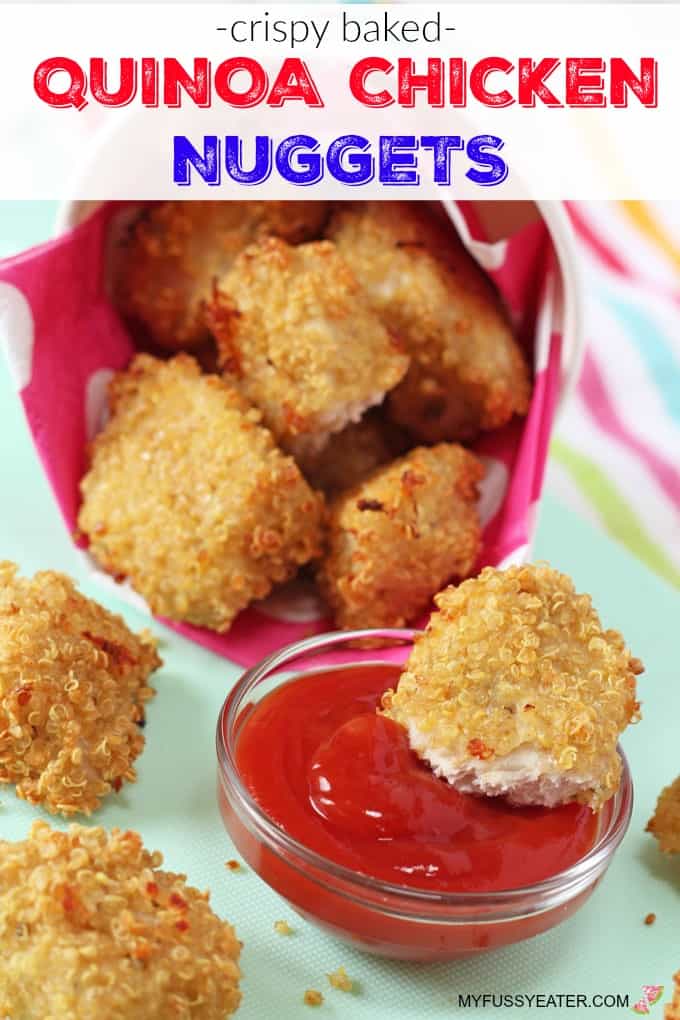 Quinoa chicken nuggets with a ramekin of tomato sauce