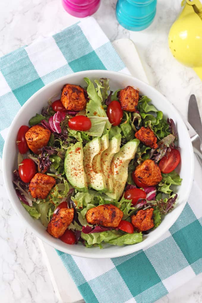 Smoked Paprika Chicken Salad. served in a large white bowl.