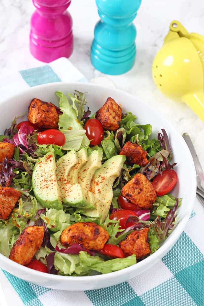 Paprika Chicken Salad served with avocado on top