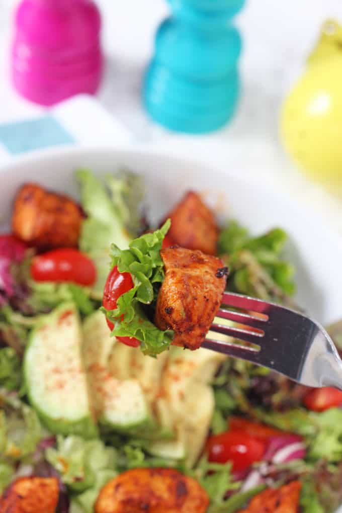 chicken salad on a fork