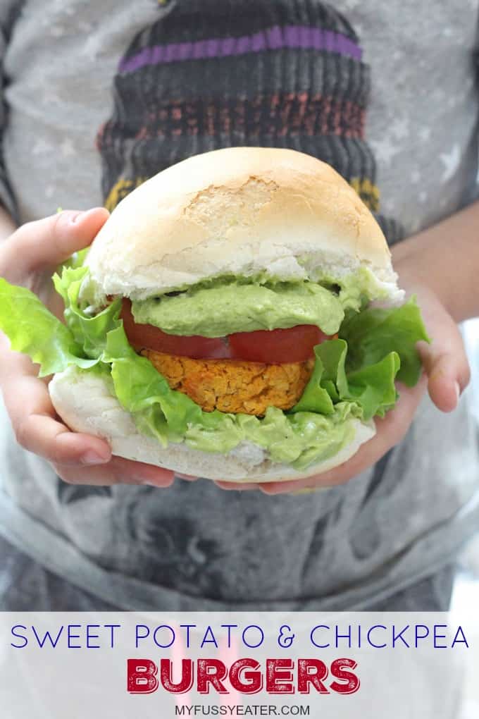 Delicious vegetarian burgers packed with nutritious sweet potato and chickpeas and flavoured with cajun spices!