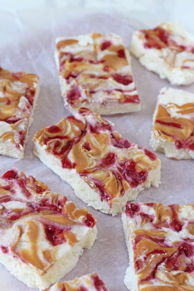 A delicious new twist of my classic Frozen Yogurt Bark, this time with peanut butter and jelly. A really great summer snack that the kids will love!