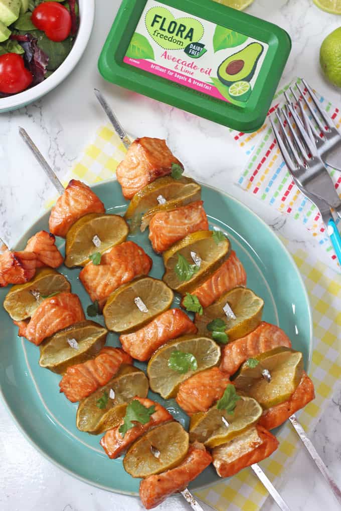 BBQ Salmon Skewers with Flora Dairy Free Avocado & Lime